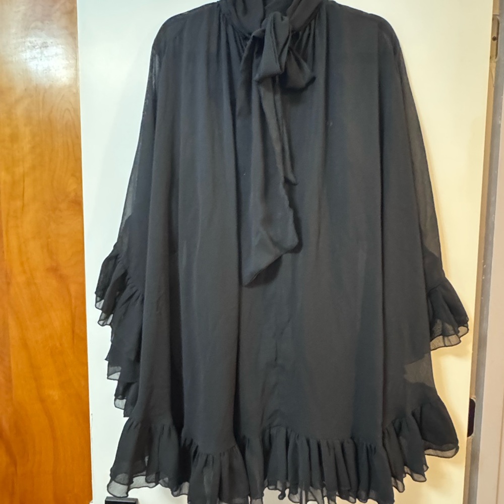 Semi-Sheer Chiffon Ruffle Dress with Outer Cape - Picture 2 of 3